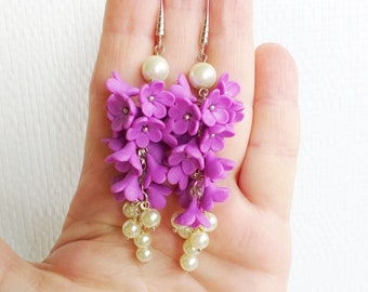 Purple flower earring. Lilac flower earring. Polymer clay earring. Gift for her