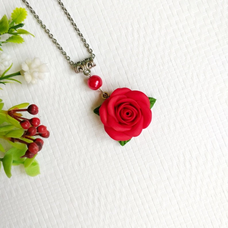 Red Flower Necklace Red Rose Necklace Polymer Clay - Etsy