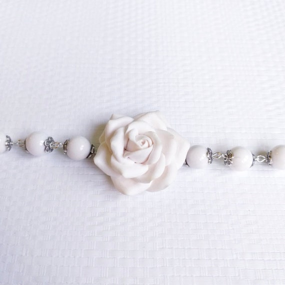 White Rose Bracelet Polymer Clay Roses Bracelet Wedding Bracelet