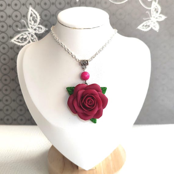 Rose necklace, Flower necklace, Burgundy necklace, Flower girl necklace