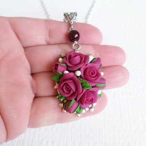 Burgundy rose necklace. Flower necklace. Polymer clay jewelry. Gift for woman