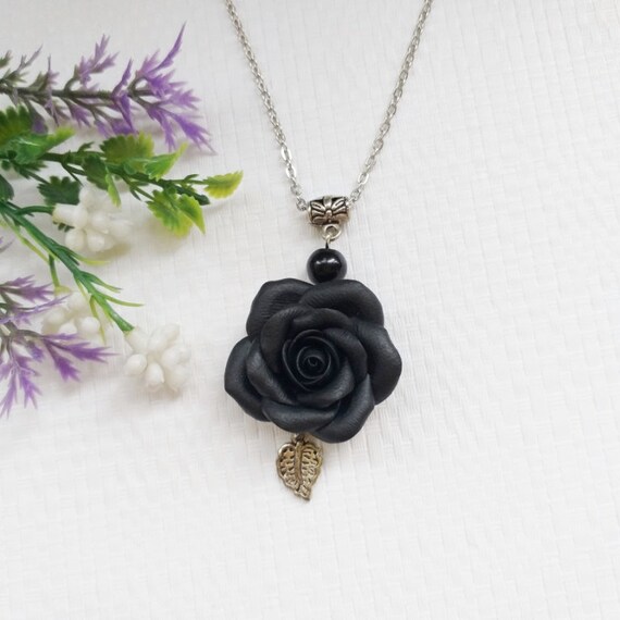 Black Rose Necklace. Black Flower Necklace. Polymer Clay Necklace