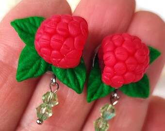 Raspberry Stud Earrings, Polymer Clay Berry Jewelry