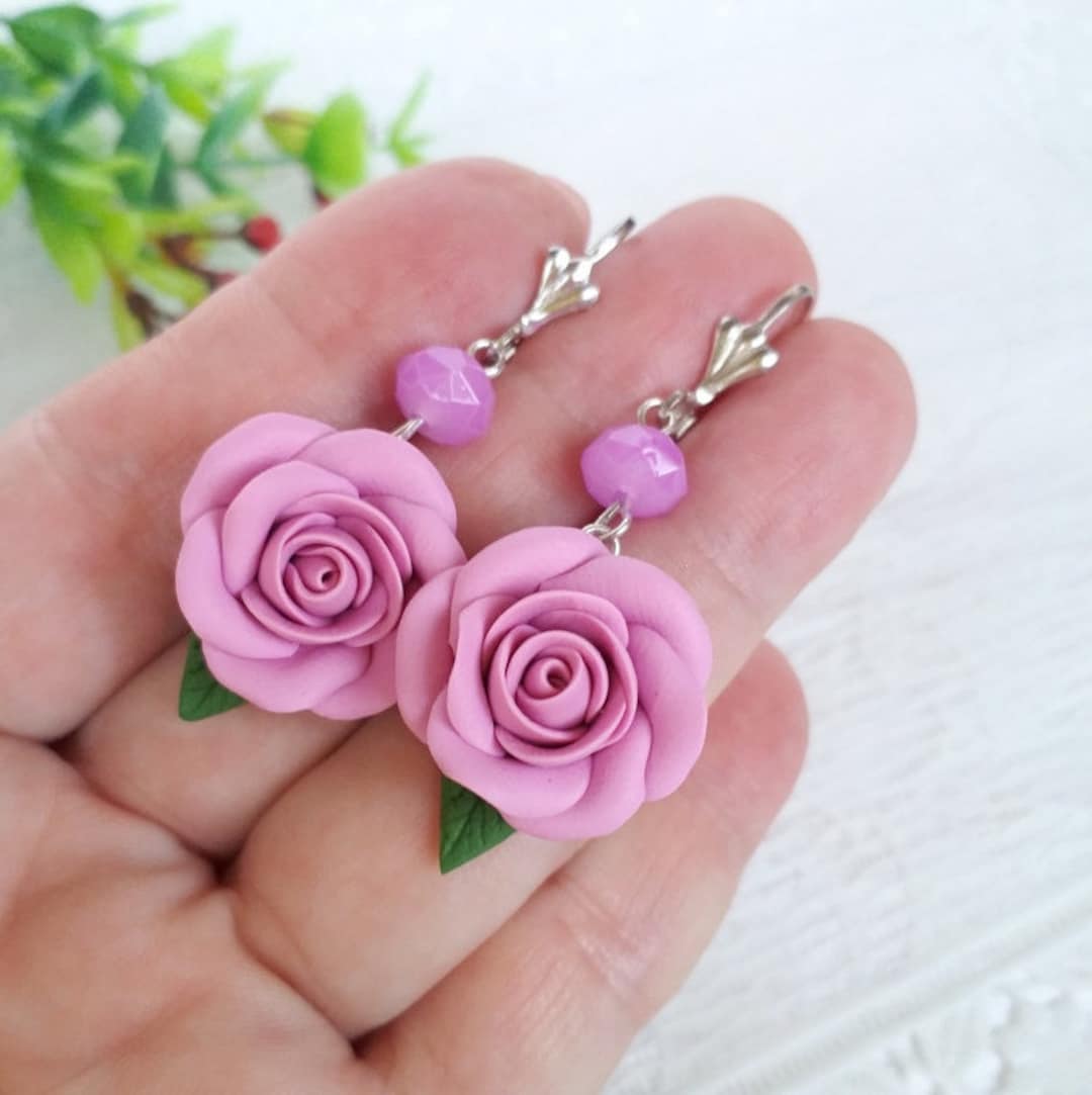 Pink Flower Earrings Pink Rose Earrings Polymer Clay Earrings