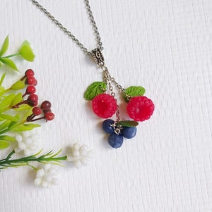 Food Jewelry - Berry Necklace - Blueberry Necklace - Miniature Food - Unique Jewelry Gift -Raspberry Polymer Clay - Raspberry pendant