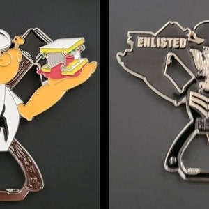 May include: A metal bottle opener featuring a cartoon sailor holding a sandwich. The bottle opener is shaped like two crossed axes. The back of the bottle opener is black with the words "ENLISTED" and "DISHWASHERS" in silver lettering.
