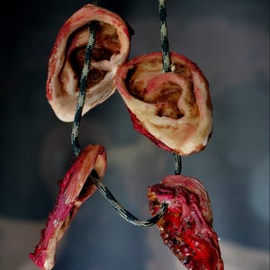 Puede incluir: Un collar macabro con colgantes de orejas realistas, en tonos carne y con detalles rojos, suspendidos de un cordón negro y verde. Se ve el sitio web "thedeadbodystore.com". El tema es el terror.