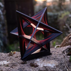 Stellated Octahedron — Parabolic Field | Sacred Geometry Sculpture in Solid Oak | String Art