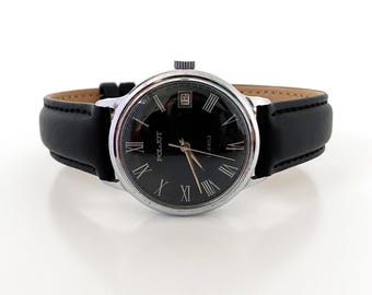 Mid century gents watch Poljot, rare Flight watch, vintage mens wrist watch, mechanical watch man – leather strap watch men 80s