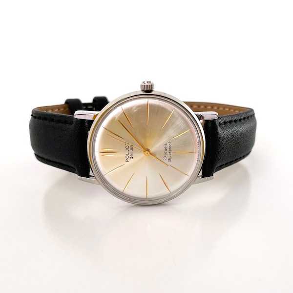 Exclusive Vintage Men's wristwatch called "FLIGHT", new leather band wrist watch for him, POLJOT De Luxe 23 jewels mechanical watch