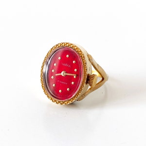 Womens watches, Ring watch, finger ring dainty watch, Gold plated watch ring red dial, small Women watch Mechanical watch Chaika