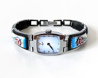 Montres vintage pour femme Cadrans bleus Montre vintage en céramique pour femme Petite montre vintage délicate montres pour femmes à fleurs