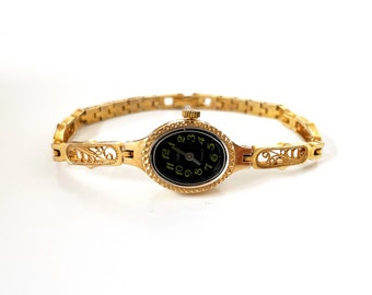 Montre femme délicate, montre en or vintage, montre femme vintage avec cadran noir, montre fine femme, montres vintage pour femme, petite montre