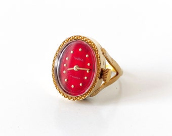 Womens watches, Ring watch, finger ring dainty watch, Gold plated watch ring red dial, small Women watch Mechanical watch Chaika