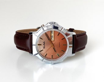 Unisex Vintage wrist watch for men Slava with calendar Mens vintage watch Engraved Groomsmen watch Personalized men's watch great gift idea