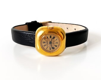 Gold watch with leather band, vintage women's watch, dainty gold watch, dainty vintage watch, small ladies watch, engraved yellow watch