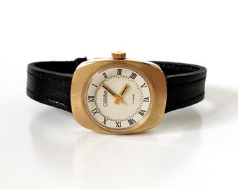 Gold vintage watch. Dainty golden watch, Women's watch, Women's wrist watch, Vintage watch, leather band watch, "Slava" women's wrist watch