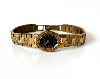 Feine Damenuhr, Vintage Gold Uhr, Vintage Damenuhr mit schwarzem Zifferblatt, Dünne Uhr Frauen, Vintage Uhren für Frauen, Kleine Uhr