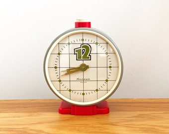 Grey Red Vintage wind up alarm clock Yantar Mechanical antique clock 80s Retro large table clock  Old alarm clock Mid century Winding clock