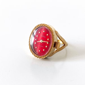 Womens watches, Ring watch, finger ring dainty watch, Gold plated watch ring red dial, small Women watch Mechanical watch Chaika image 2