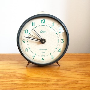 Mid century clock &quot;Yantar&quot;. Navy blue Vintage alarm clock. Metal clock. Retro alarm clock. Table unique clock. Vintage home decor clock