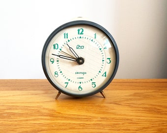 Mid century clock "Yantar". Navy blue Vintage alarm clock. Metal clock. Retro alarm clock. Table unique clock. Vintage home decor clock