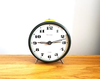 Vintage home decor clock alarm "Yantar". Vintage Alarm Clock Turquoise Green Color. Old Vintage Black Clock. Mid Century Clock. Table Clock
