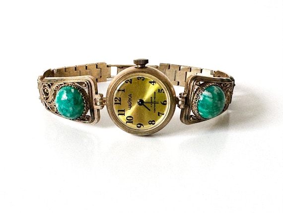 Gold vintage watch with golden dial, Women's vintage watch, small Mechanical watch, petite wrist watch, Gold "Chaika" with ceramic bracelet