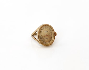 Women's ring watch vintage, Windup mechanical finger watch, lacy gold finger watch ring, dainty vintage watch, small vintage watch, Engraved