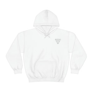 May include: White hooded sweatshirt with a black and white geometric design on the front.