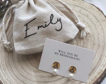 Will you be my bridesmaid, Freshwater Pearl Earrings, Bridesmaid Gift, Personalised Bridesmaid Gift, Modern Bridesmaid Gold Earring Gift