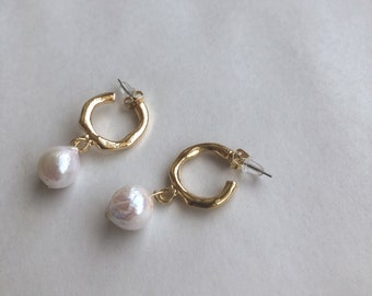 Gold Pearl Hoop Earrings, Freshwater Pearl Earrings, Simple Elegant Gold Plated Pearl Hoop Earrings, Dangle Pearl Earrings