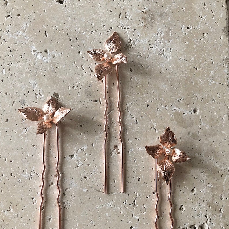 Set of Three Rose Gold Wedding Hair Pins, Leaf Flower Wedding Hair Pins, Rose Gold Wedding Hair Accessory, Rose Gold Leaves Freshwater Pearl image 1