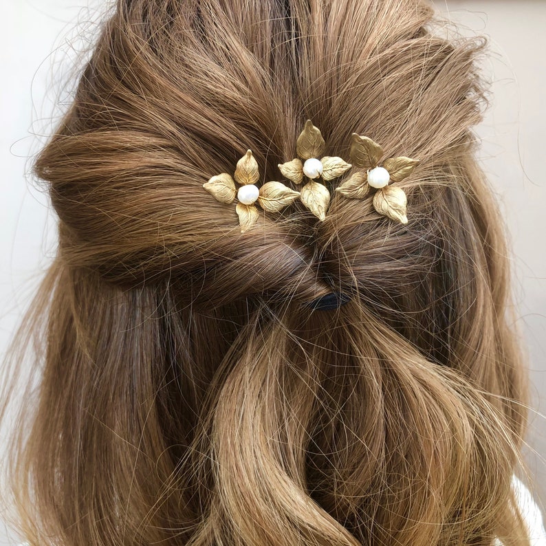 Gold Wedding Hair Pin, Flower Wedding Hair Pin, Floral Hair Pins, Wedding Hair Accessory, Gold Leaves and Freshwater Pearls, Boho Wedding image 3