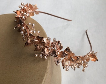 Banda de pelo de la boda del oro rosa, banda del pelo de la hoja de la flor, banda de la cabeza floral, banda del pelo de la boda de la novia, banda de la cabeza de la boda de Boho, pieza del pelo BrIdal