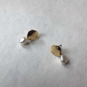 Gold Pearl Earrings, Small Drop Pearl Earrings, Gold Circle Earrings, Circular Gold Earrings, Small Freshwater Pearl Earrings image 1