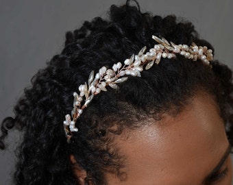 Banda de pelo de la boda del oro rosa, banda del pelo de la hoja de la flor, banda de la cabeza floral, banda del pelo de la boda de la novia, banda de la cabeza de la boda de Boho, pieza del pelo de la novia