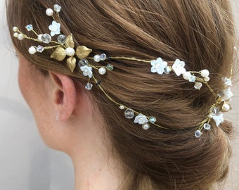 Gold Wedding Hair Vine, Gold Flower Wedding Hair Vine, Floral Hair Vine, Wedding Hair Accessory, Gold Leaves and Freshwater Pearls