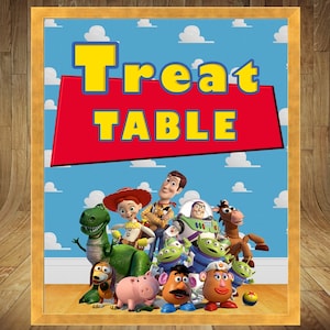 May include: A red and yellow sign with the text "Treat Table" on a blue background with white clouds. The sign features characters from the Toy Story movie, including Woody, Buzz Lightyear, Jessie, and Rex.
