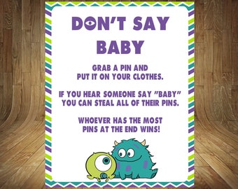 Monsters Inc Baby Shower Game, Clothespin Game, Monsters Don't Say Baby, Monster Baby Shower Game, Monsters Inc Don't Say Baby, Say Baby