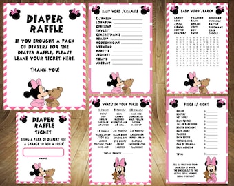 ¡50% REBAJADO! Juegos De Baby Shower De Minnie Mouse, Baby Shower De Minnie Mouse, Rifa De Pañales De Minnie Mouse, Juego De Baby Shower De Minnie, Paquete De Ducha De Minnie
