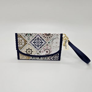 Cartera de papel artesanal para tarjetas de regalo con asa y dijes - Mosaico, azul oscuro y dorado