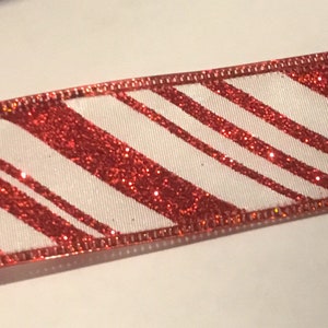 Red white candy cane glitter Christmas wired ribbon