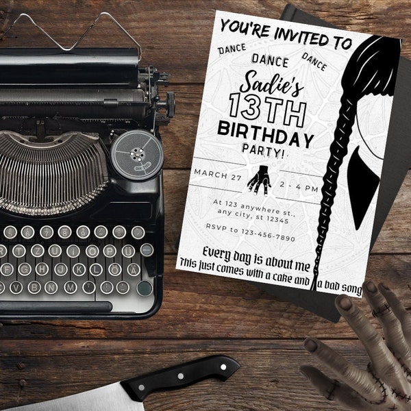 Wednesday Addams Birthday Invite - Kids Teens Digital Invite - Digital Wednesday Invite - Canva Editable Template - Addams Family Printable