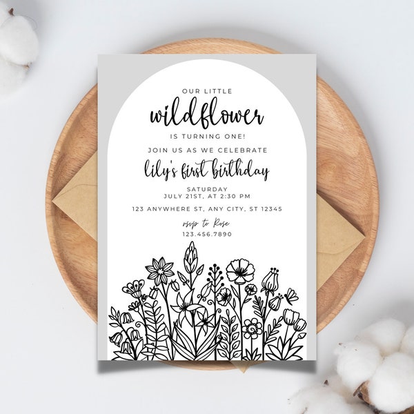 Garden Party Invitation Template - Wildflower Birthday Invite - Black and White Modern Simple Flower Invitation - Canva Template - Floral