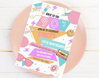 90's Birthday Invitation - Back to the 90's Invite - Invitations for Teens - Pastel 90's Invite - Printable Canva Template - Birthday Trends