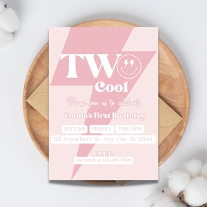 Two Cool Girls Birthday Invitation - Smiley Face Invitation -  Lightning Bolt Two Cool Birthday-Canva Editable Template - 2nd Birthday Theme