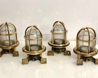 Original antique Brass Reclaimed Nautical Old Cargo Bulkhead Ceiling Mounted Lamp - Lot Of 4