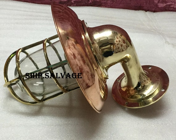 Nautical Style Marine Solid Brass Swan Ship Bulkhead Industrial Cage Sconce  Right Angle Wall Light With Extra Copper Shade -  Canada