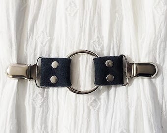 Black suede leather cinch clip w/ silver tone clips & o-ring. Shirt clip, dress clip, sweater clip, skirt clip, jacket clip. DIY tailor.